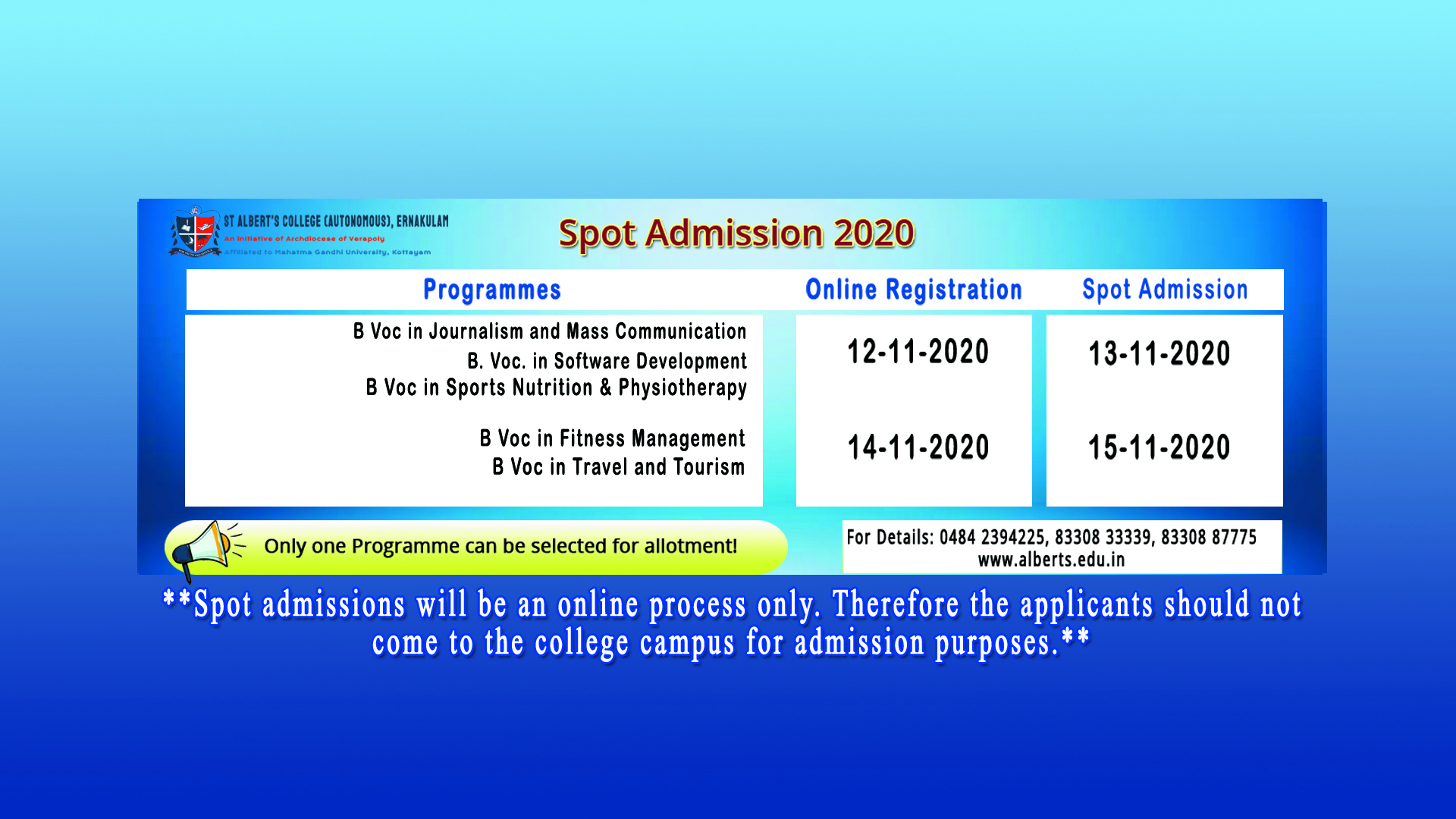 Spot admissions on 12th & 14th Nov 2020