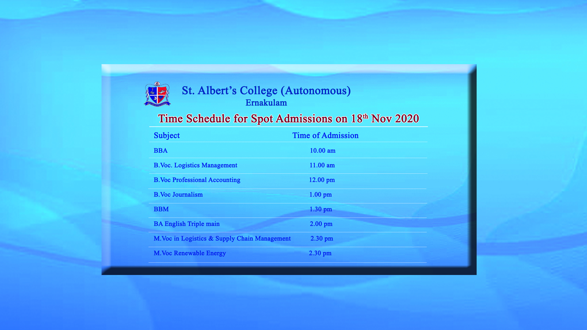 Time schedule for spot admissions
