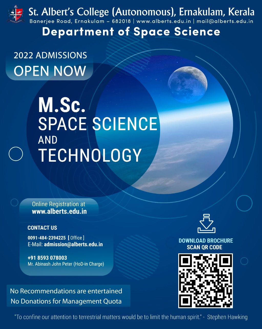 Admissions are now open for M Sc Space Science & Technology